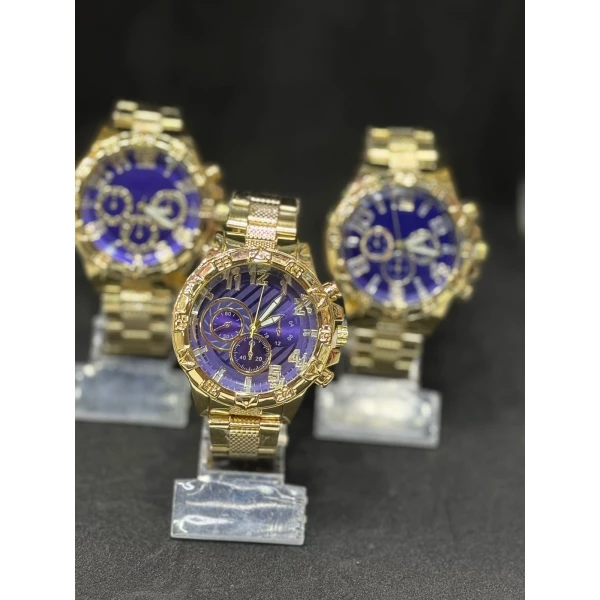 Relógio Masculino Metal Dourado Fundo Azul Sortido