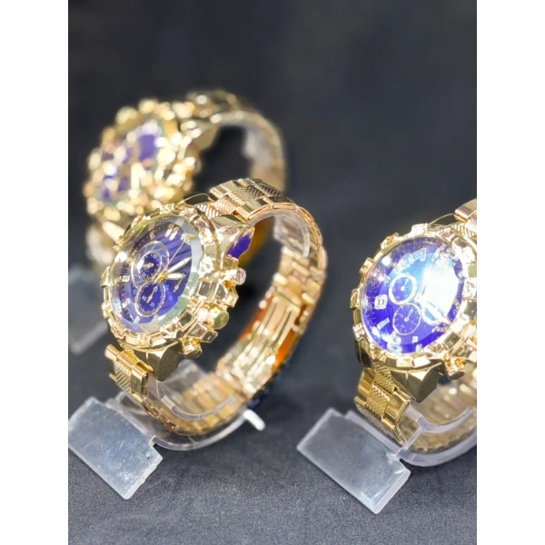 Relógio Masculino Metal Dourado Fundo Azul Sortido